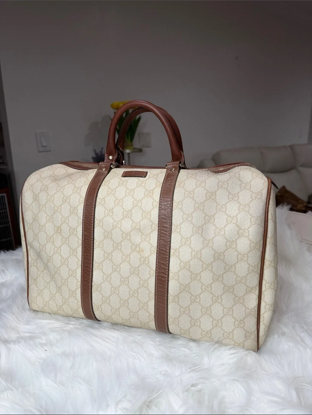 💯Authentic Gucci Beige GG Monogram Duffel with Brown Leather Trim🍀